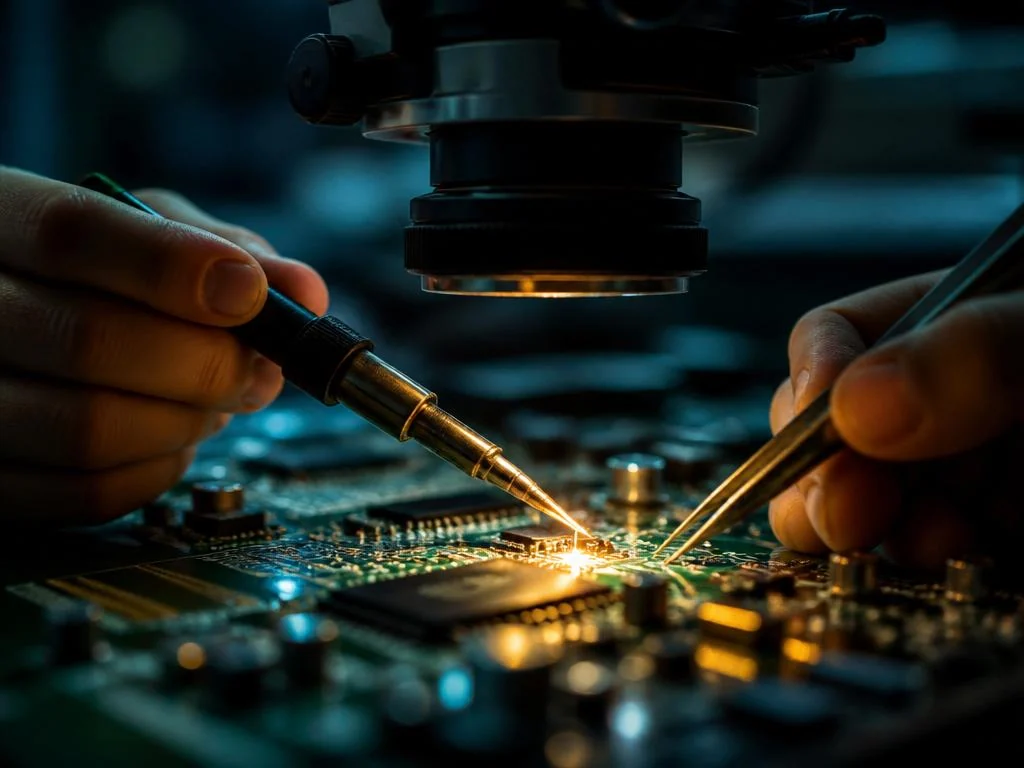 Reparo de microeletrônica em placa de circuito sob microscópio