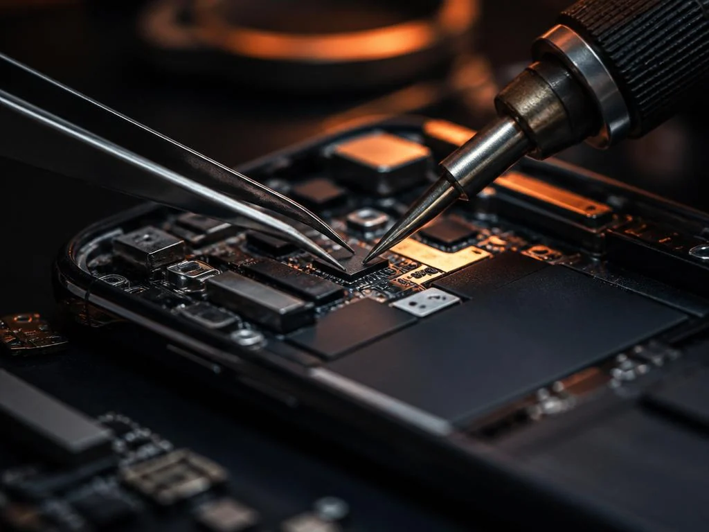 Placa de smartphone em reparo com microssoldagem na bancada da Eletrônica ENERGY